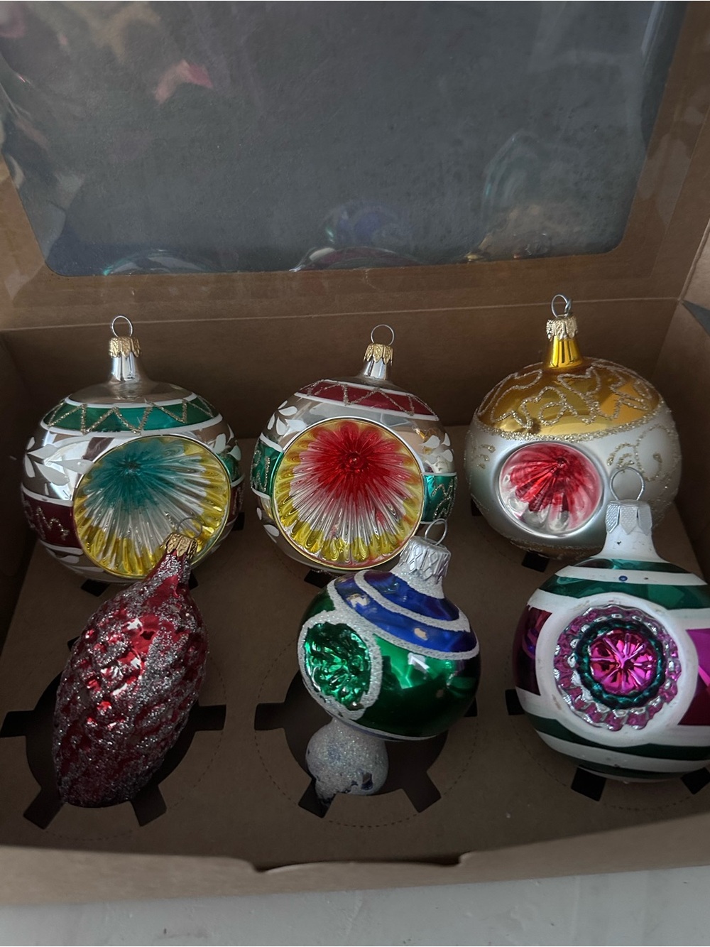 BOX OF 6 VINTAGE KURT ADLER INDENT TRIPLE INDENT PINECONE ORNAMENTS
